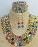 Beautiful Multi-colour Bib Choker Chunky Glass Beaded Necklace, Bracelet, Earrings Set
